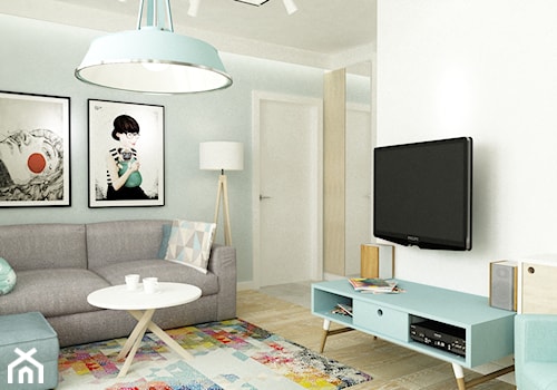 41 m2 pastelowe - Mały biały turkusowy salon, styl skandynawski - zdjęcie od Grafika i Projekt architektura wnętrz