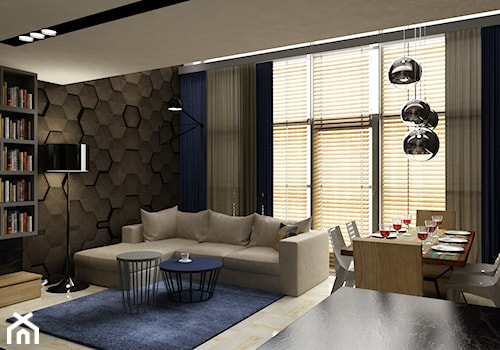 apartament na Mokotowie 103m2 z dodatkiem granatu - Średni brązowy salon z jadalnią, styl nowoczesny - zdjęcie od Grafika i Projekt architektura wnętrz