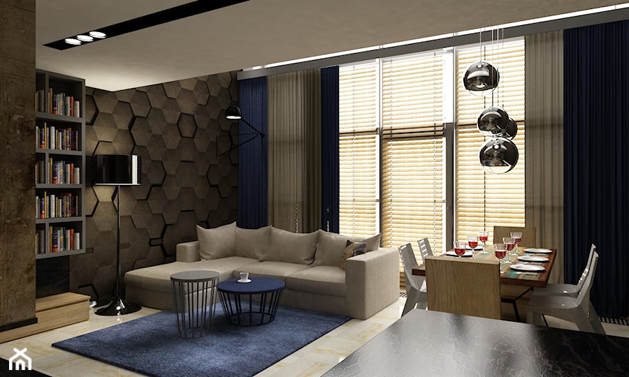 apartament na Mokotowie 103m2 z dodatkiem granatu - Średni brązowy salon z jadalnią, styl nowoczesny - zdjęcie od Grafika i Projekt architektura wnętrz