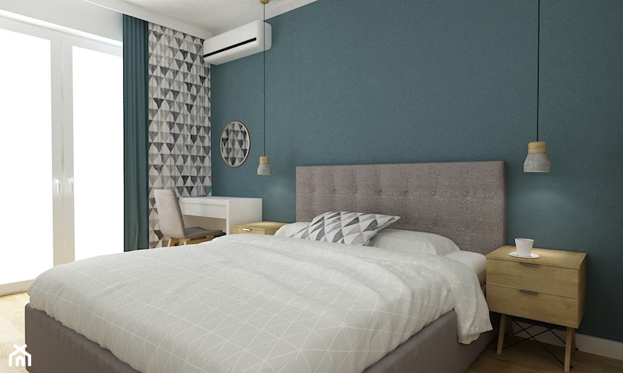 mieszkanie minimalistyczne 2 pokojowe - Średnia biała niebieska sypialnia z balkonem / tarasem, styl minimalistyczny - zdjęcie od Grafika i Projekt architektura wnętrz