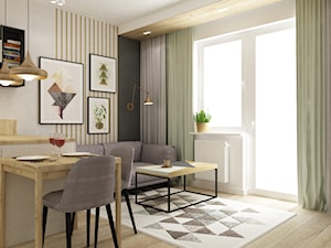 48m2 ciepły design - Mały beżowy biały czarny salon z kuchnią z jadalnią z tarasem / balkonem, styl nowoczesny - zdjęcie od Grafika i Projekt architektura wnętrz