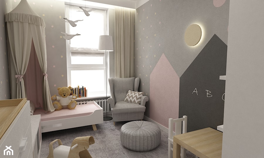 Mieszkanie 70m2 Ursynów - Mały szary pokój dziecka dla dziecka dla dziewczynki, styl nowoczesny - zdjęcie od Grafika i Projekt architektura wnętrz