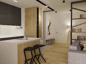 mieszkanie wersja grafitowa - Średnia otwarta z salonem z kamiennym blatem biała z zabudowaną lodówką z podblatowym zlewozmywakiem kuchnia jednorzędowa z wyspą lub półwyspem, styl nowoczesny - zdjęcie od Grafika i Projekt architektura wnętrz