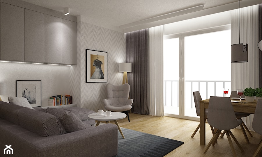 mieszkanie 70m2 w szarosciach - Średni biały szary salon z jadalnią z tarasem / balkonem, styl nowoczesny - zdjęcie od Grafika i Projekt architektura wnętrz