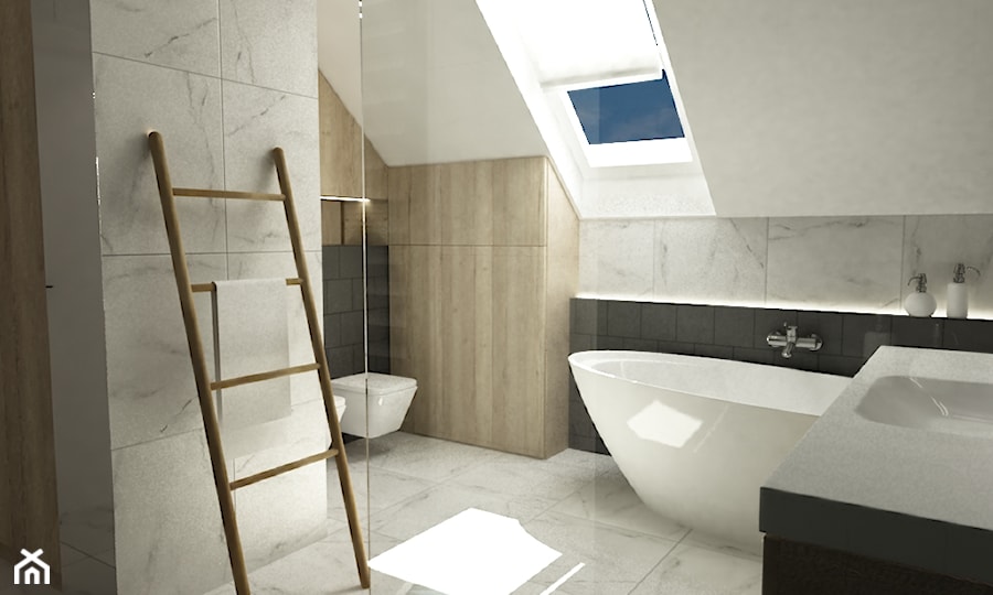 łazienki w stylu skandynawskim - Średnia na poddaszu z marmurową podłogą łazienka z oknem, styl skandynawski - zdjęcie od Grafika i Projekt architektura wnętrz