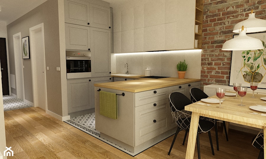 mieszkanie metamorfoza wola ok60m2 - Średnia z salonem biała z zabudowaną lodówką kuchnia w kształcie litery u z wyspą lub półwyspem, styl skandynawski - zdjęcie od Grafika i Projekt architektura wnętrz