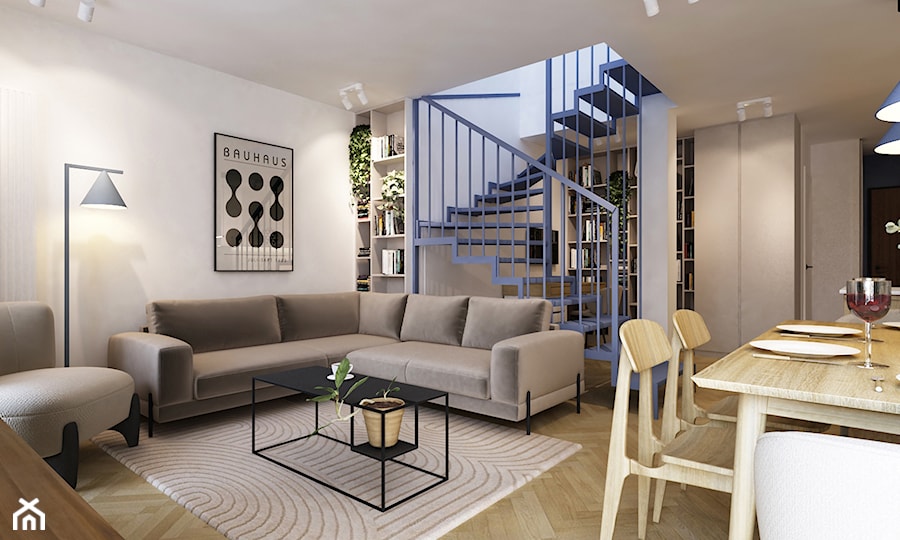 mieszkanie dwu poziomowe z niebieską klatka schodową - Salon, styl nowoczesny - zdjęcie od Grafika i Projekt architektura wnętrz