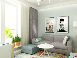 41 m2 pastelowe - Mały biały niebieski salon z jadalnią, styl skandynawski - zdjęcie od Grafika i Projekt architektura wnętrz