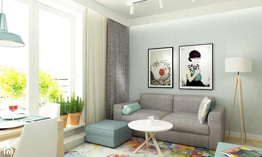 41 m2 pastelowe - Mały biały niebieski salon z jadalnią, styl skandynawski - zdjęcie od Grafika i Projekt architektura wnętrz