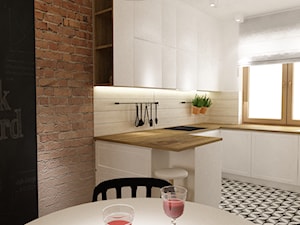 Dom Brwinów 200 m2 - Mała otwarta biała brązowa czarna z zabudowaną lodówką kuchnia w kształcie litery g, styl skandynawski - zdjęcie od Grafika i Projekt architektura wnętrz