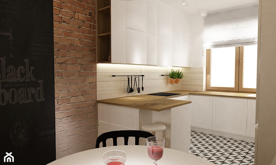 Dom Brwinów 200 m2 - Mała otwarta biała brązowa czarna z zabudowaną lodówką kuchnia w kształcie litery g, styl skandynawski - zdjęcie od Grafika i Projekt architektura wnętrz