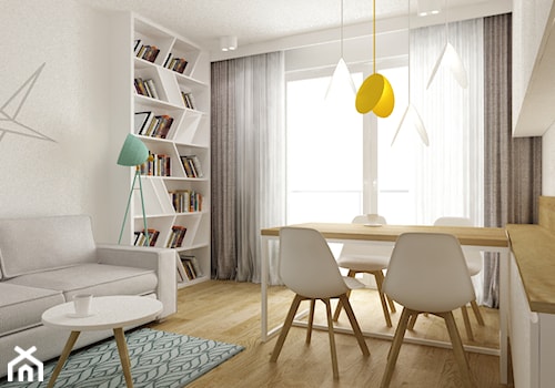 mieszkanie 45 m2 pod biuro/wynajem - Średni biały salon z jadalnią z tarasem / balkonem z bibiloteczką, styl skandynawski - zdjęcie od Grafika i Projekt architektura wnętrz