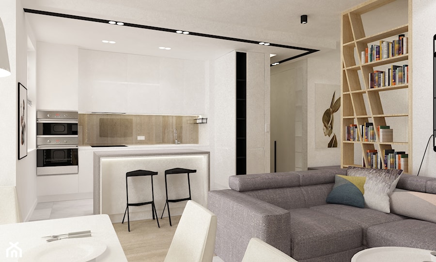 mieszkanie w bieli - Średnia otwarta z salonem z kamiennym blatem biała z zabudowaną lodówką kuchnia jednorzędowa z wyspą lub półwyspem z oknem, styl minimalistyczny - zdjęcie od Grafika i Projekt architektura wnętrz