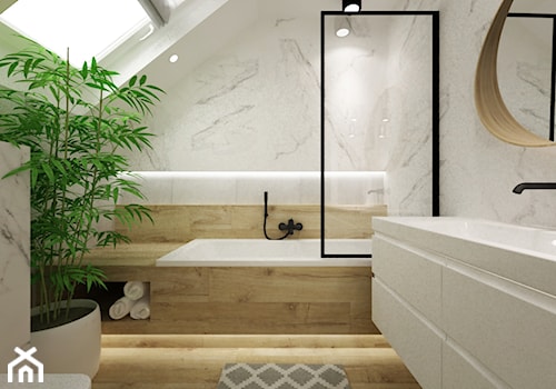 dom pod warszawą 200m2 - Średnia na poddaszu z dwoma umywalkami z punktowym oświetleniem łazienka z oknem, styl skandynawski - zdjęcie od Grafika i Projekt architektura wnętrz