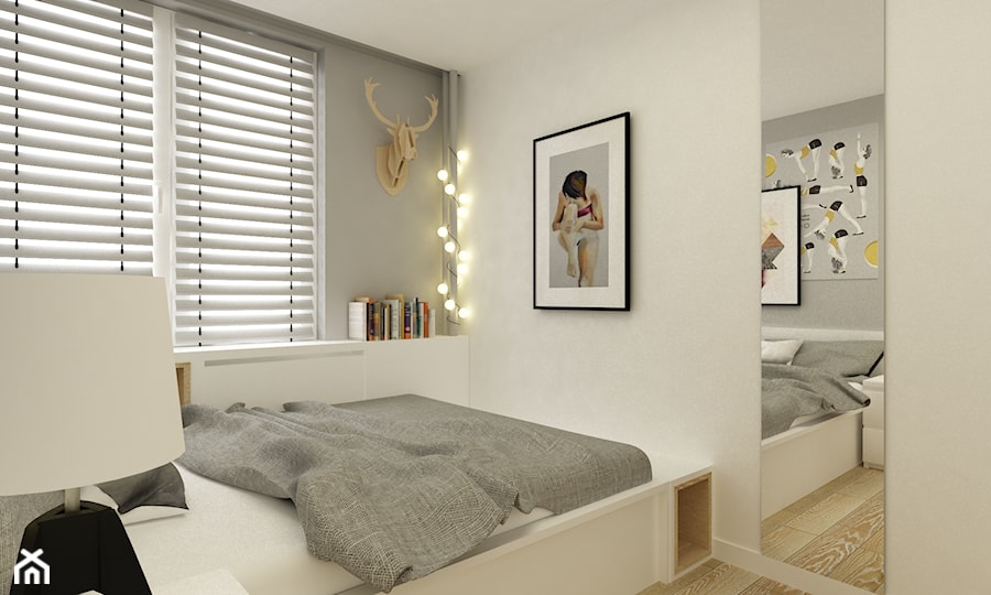 mieszkanie 38 m2 metamorfoza - Mała biała szara sypialnia, styl skandynawski - zdjęcie od Grafika i Projekt architektura wnętrz