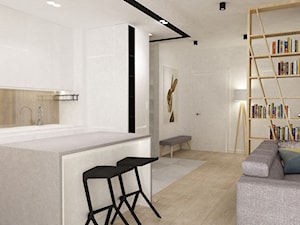 mieszkanie w bieli - Mała otwarta z salonem z kamiennym blatem biała z zabudowaną lodówką z podblatowym zlewozmywakiem kuchnia w kształcie litery l z wyspą lub półwyspem, styl minimalistyczny - zdjęcie od Grafika i Projekt architektura wnętrz
