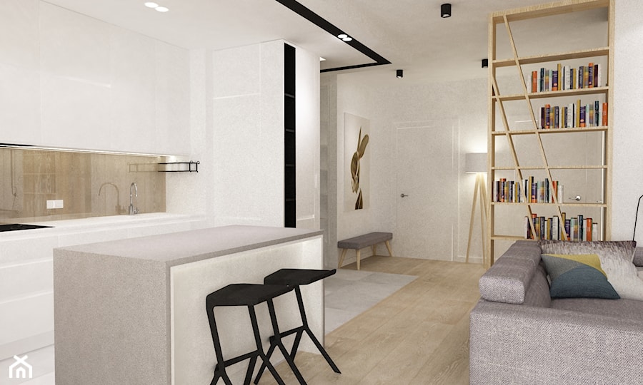 mieszkanie w bieli - Mała otwarta z salonem z kamiennym blatem biała z zabudowaną lodówką z podblatowym zlewozmywakiem kuchnia w kształcie litery l z wyspą lub półwyspem, styl minimalistyczny - zdjęcie od Grafika i Projekt architektura wnętrz