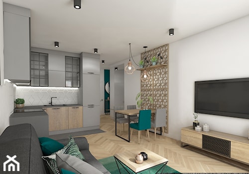 mieszkanie 40m2 lekko industrialne - Mała biała jadalnia w salonie w kuchni, styl industrialny - zdjęcie od Grafika i Projekt architektura wnętrz