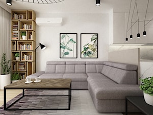 mieszkanie przerobione z 3 na 4 pokoje - Średni biały salon z kuchnią z bibiloteczką, styl nowoczesny - zdjęcie od Grafika i Projekt architektura wnętrz