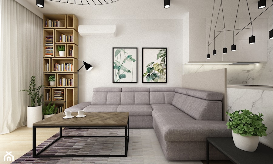 mieszkanie przerobione z 3 na 4 pokoje - Średni biały salon z kuchnią z bibiloteczką, styl nowoczesny - zdjęcie od Grafika i Projekt architektura wnętrz