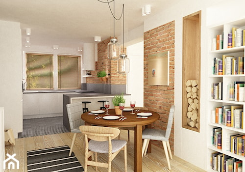 dom 120 m2 bemowo - Mała biała brązowa jadalnia w salonie, styl nowoczesny - zdjęcie od Grafika i Projekt architektura wnętrz