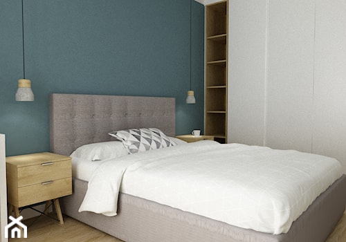 mieszkanie minimalistyczne 2 pokojowe - Średnia niebieska z biurkiem sypialnia, styl minimalistyczny - zdjęcie od Grafika i Projekt architektura wnętrz
