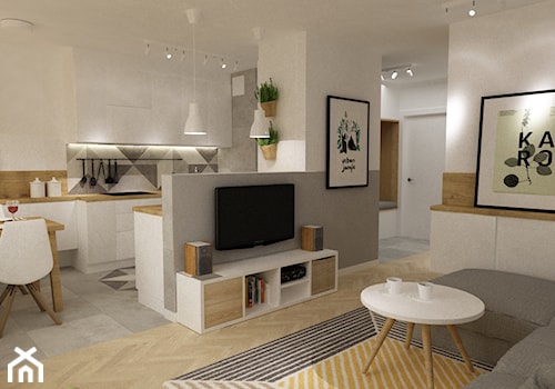 kabaty metamorfoza 60m2 - Średni biały salon z kuchnią z jadalnią, styl skandynawski - zdjęcie od Grafika i Projekt architektura wnętrz