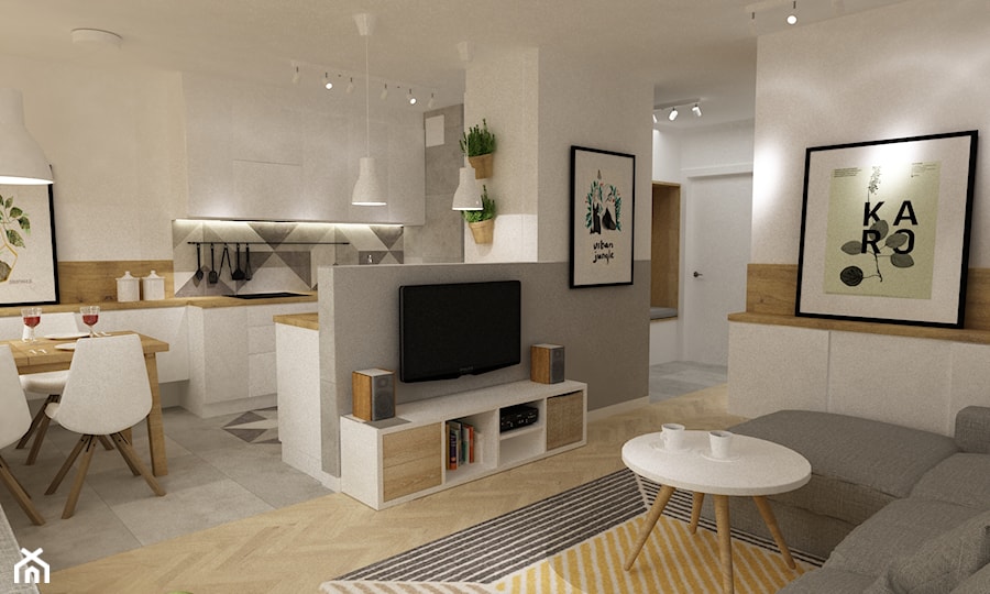 kabaty metamorfoza 60m2 - Średni biały salon z kuchnią z jadalnią, styl skandynawski - zdjęcie od Grafika i Projekt architektura wnętrz