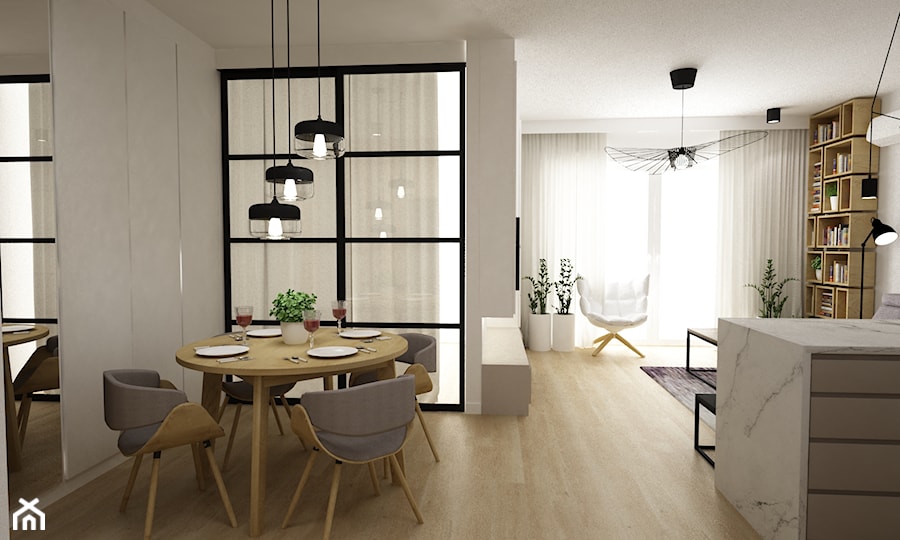 mieszkanie przerobione z 3 na 4 pokoje - Mała biała jadalnia w salonie w kuchni, styl nowoczesny - zdjęcie od Grafika i Projekt architektura wnętrz