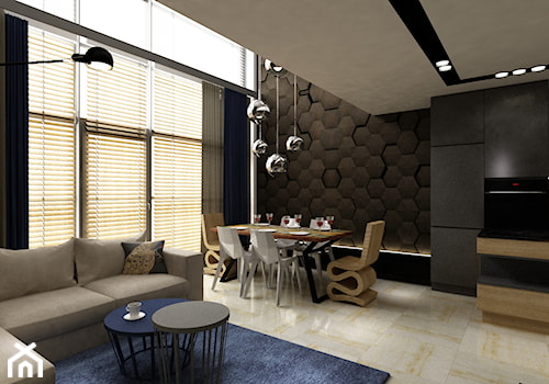 apartament na Mokotowie 103m2 z dodatkiem granatu - Średnia brązowa jadalnia w salonie, styl nowoczesny - zdjęcie od Grafika i Projekt architektura wnętrz