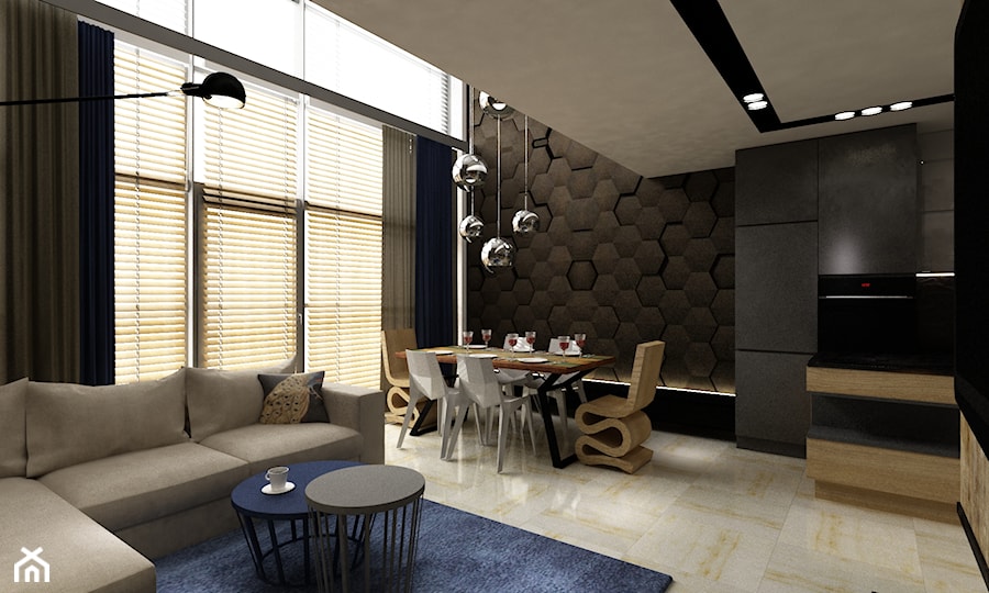 apartament na Mokotowie 103m2 z dodatkiem granatu - Średnia brązowa jadalnia w salonie, styl nowoczesny - zdjęcie od Grafika i Projekt architektura wnętrz