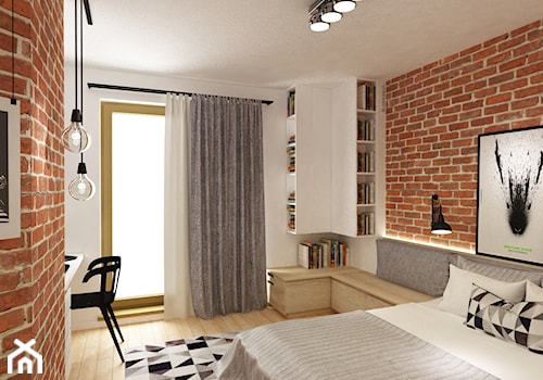 sypialnie nowoczesne - Średnia biała z biurkiem sypialnia z balkonem / tarasem, styl skandynawski - zdjęcie od Grafika i Projekt architektura wnętrz