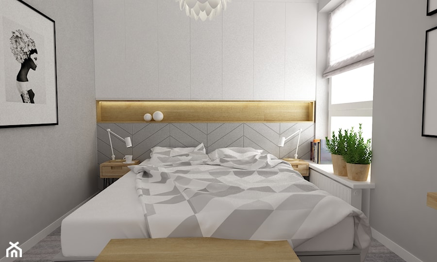 mieszkanie z miętą 80m2 - Średnia biała szara sypialnia, styl skandynawski - zdjęcie od Grafika i Projekt architektura wnętrz