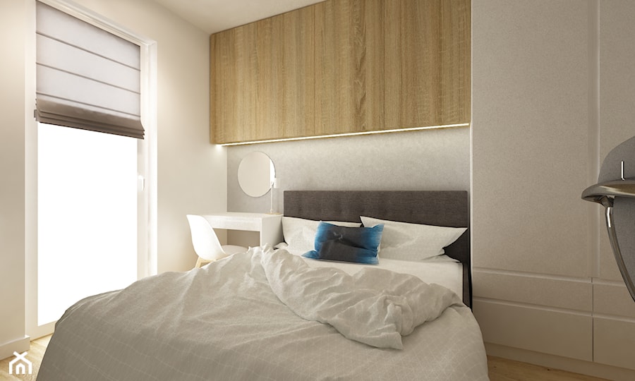 mieszkanie 61m2 - Mała biała szara sypialnia, styl nowoczesny - zdjęcie od Grafika i Projekt architektura wnętrz