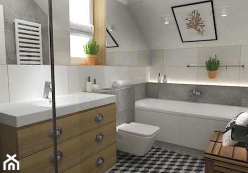 łazienki w stylu skandynawskim - Średnia na poddaszu z punktowym oświetleniem łazienka z oknem, styl skandynawski - zdjęcie od Grafika i Projekt architektura wnętrz