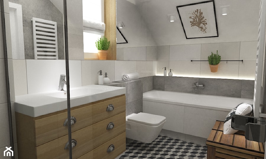 łazienki w stylu skandynawskim - Średnia na poddaszu z punktowym oświetleniem łazienka z oknem, styl skandynawski - zdjęcie od Grafika i Projekt architektura wnętrz