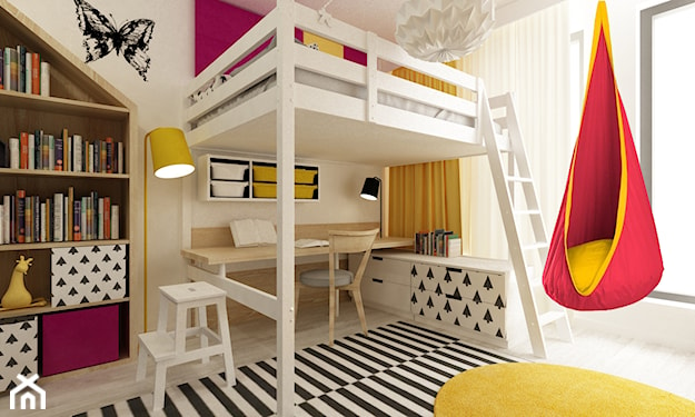 skandynawska aranżacja pokoju dziecięcego z drewnianym łóżkiem piętrowym 