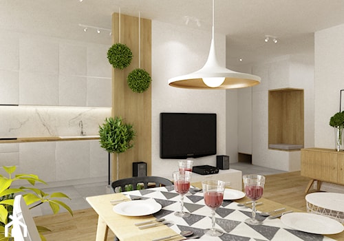 mieszkanie 70m2 w stylu urban jungle - Średni biały salon z kuchnią z jadalnią, styl skandynawski - zdjęcie od Grafika i Projekt architektura wnętrz