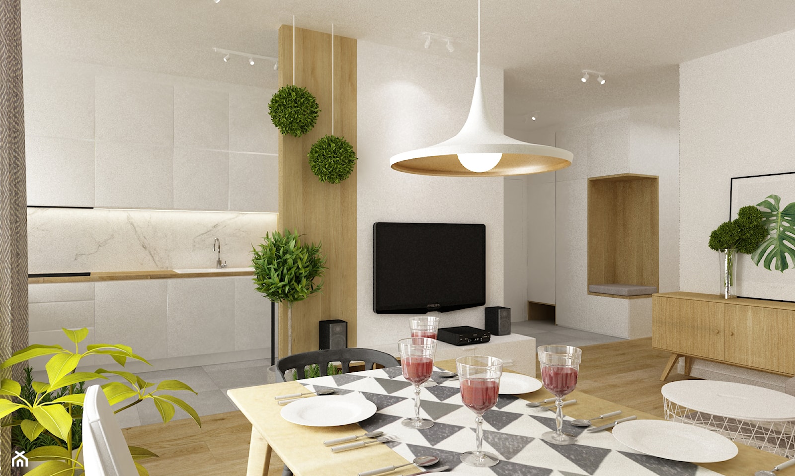 mieszkanie 70m2 w stylu urban jungle - Średni biały salon z kuchnią z jadalnią, styl skandynawski - zdjęcie od Grafika i Projekt architektura wnętrz - Homebook
