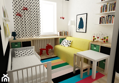 pokój dziecięcy - Mały biały czarny pokój dziecka dla dziecka dla chłopca dla dziewczynki, styl skandynawski - zdjęcie od Grafika i Projekt architektura wnętrz
