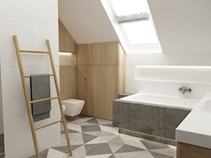 łazienki w stylu skandynawskim - Duża na poddaszu łazienka z oknem, styl skandynawski - zdjęcie od Grafika i Projekt architektura wnętrz