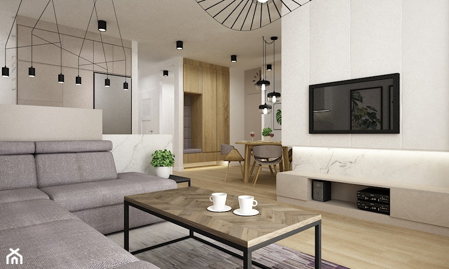mieszkanie przerobione z 3 na 4 pokoje - Średni beżowy biały salon z kuchnią z jadalnią, styl nowoczesny - zdjęcie od Grafika i Projekt architektura wnętrz