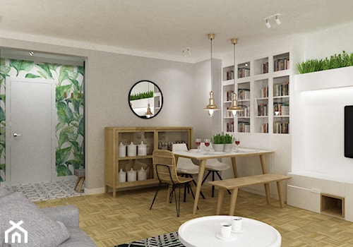 mieszkanie mokotów 80m2 w stylu urban jungle 2 - Średnia biała szara jadalnia w salonie, styl skandynawski - zdjęcie od Grafika i Projekt architektura wnętrz