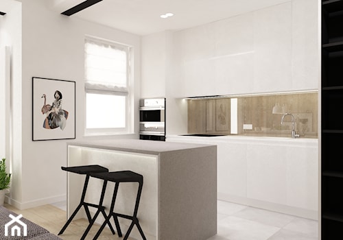 mieszkanie w bieli - Średnia otwarta z salonem z kamiennym blatem biała z zabudowaną lodówką z podblatowym zlewozmywakiem kuchnia jednorzędowa z wyspą lub półwyspem z oknem, styl minimalistyczny - zdjęcie od Grafika i Projekt architektura wnętrz