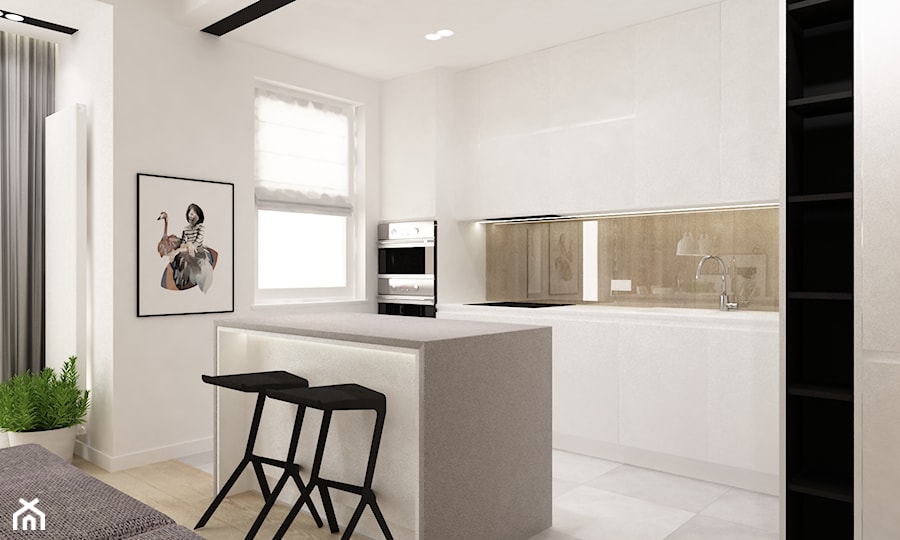 mieszkanie w bieli - Średnia otwarta z salonem z kamiennym blatem biała z zabudowaną lodówką z podblatowym zlewozmywakiem kuchnia jednorzędowa z wyspą lub półwyspem z oknem, styl minimalistyczny - zdjęcie od Grafika i Projekt architektura wnętrz