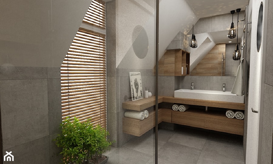 Dom Falenica 150 m2 styl nowoczesny - Mała na poddaszu z dwoma umywalkami łazienka z oknem, styl nowoczesny - zdjęcie od Grafika i Projekt architektura wnętrz