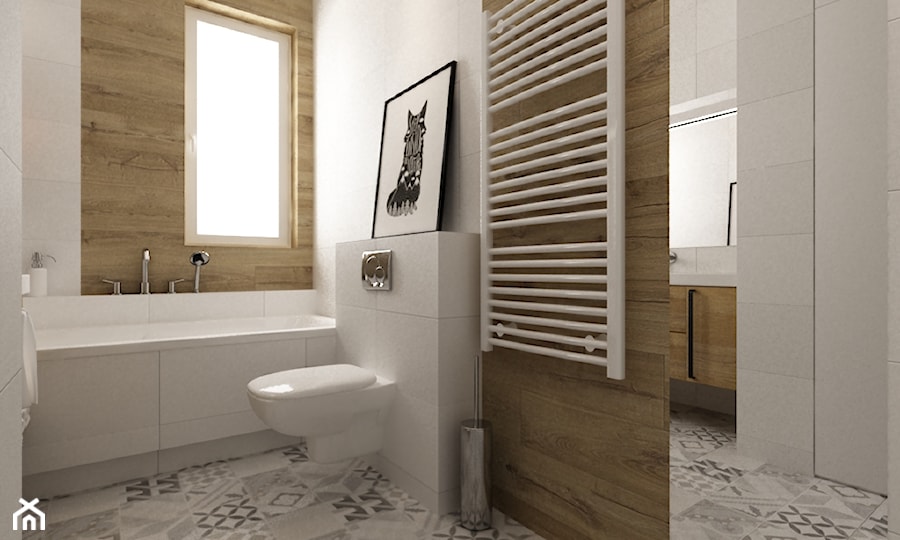 łazienki w stylu skandynawskim - Mała na poddaszu łazienka z oknem, styl skandynawski - zdjęcie od Grafika i Projekt architektura wnętrz