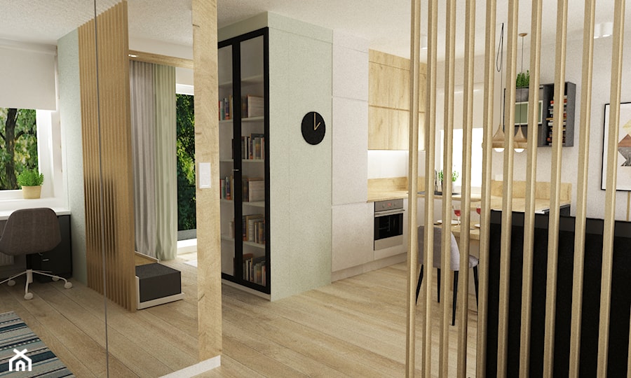 48m2 ciepły design - Mały beżowy salon z jadalnią, styl nowoczesny - zdjęcie od Grafika i Projekt architektura wnętrz