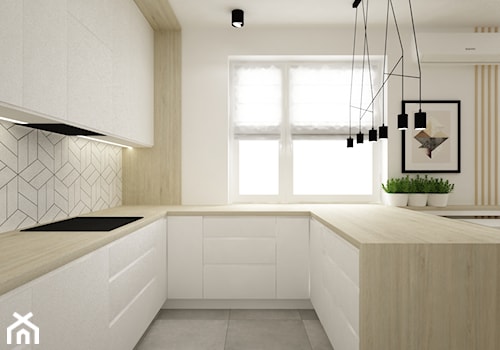 mieszkanie kolor jesion 90m2 - Średnia otwarta biała z zabudowaną lodówką kuchnia w kształcie litery u z oknem, styl nowoczesny - zdjęcie od Grafika i Projekt architektura wnętrz