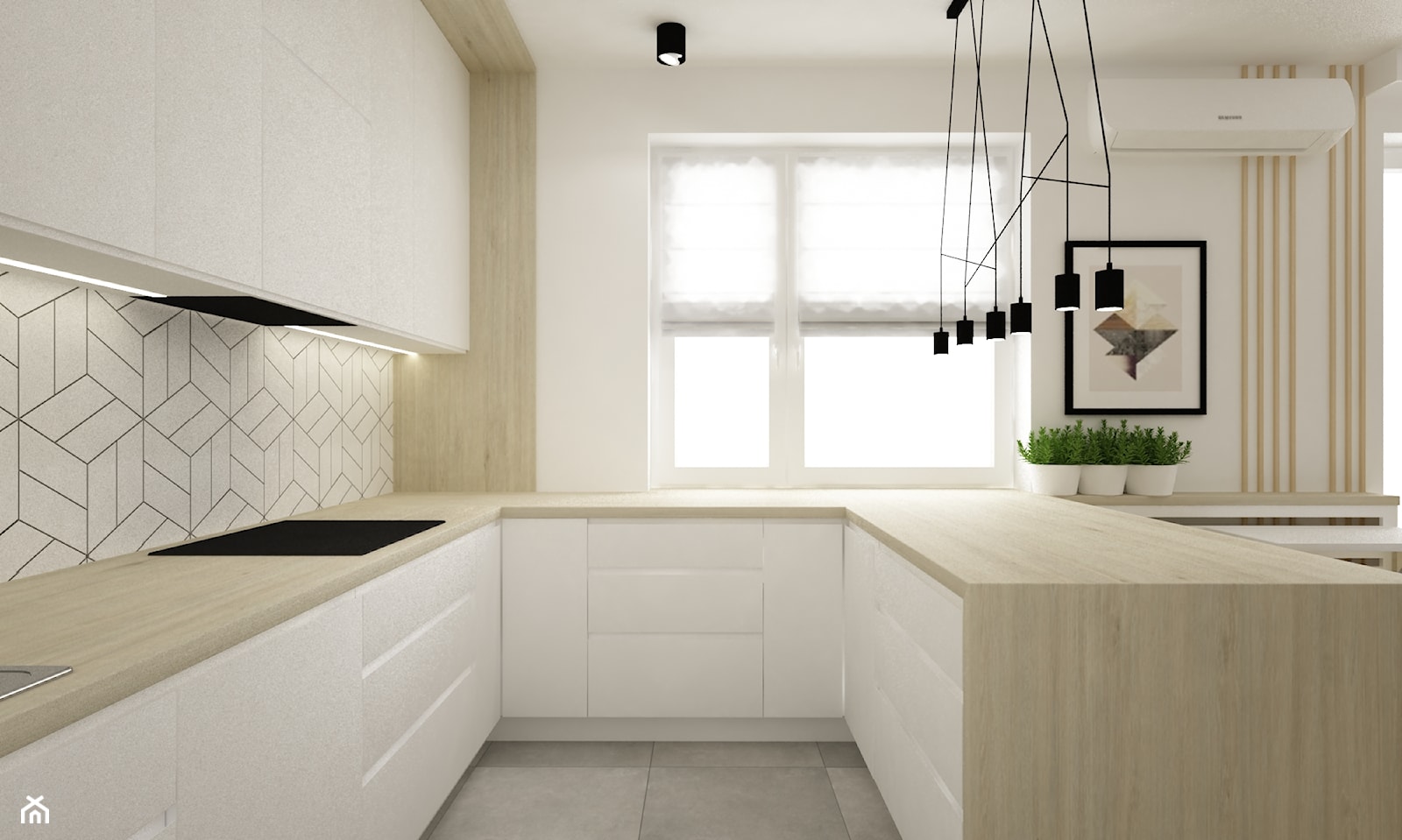 mieszkanie kolor jesion 90m2 - Średnia otwarta biała z zabudowaną lodówką kuchnia w kształcie litery u z oknem, styl nowoczesny - zdjęcie od Grafika i Projekt architektura wnętrz - Homebook
